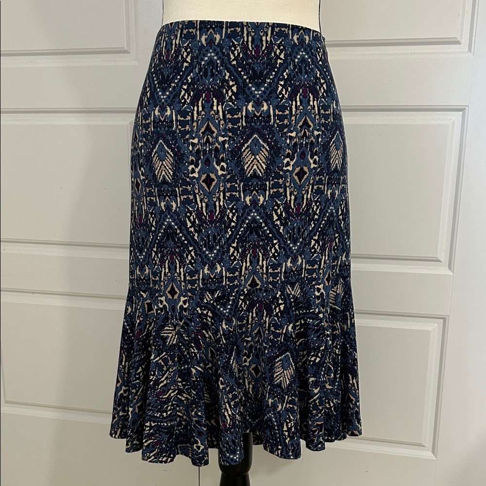 Chaps Women’s EUC Navy Cream Tribal Geometric A-Line Knee Skirt Size XL Stretchy